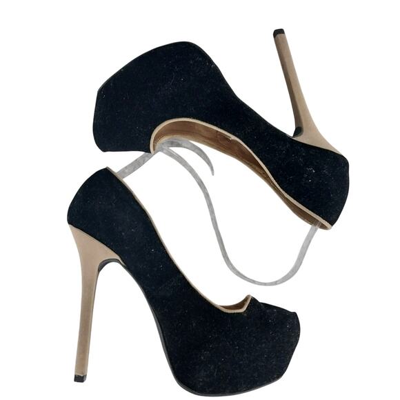 QUPID! BLACK VELVETEEN & TAN VEGAN SUEDE STILETTO PLATFORM HEELS, PUMPS! SZ 8.5M - Picture 7 of 14